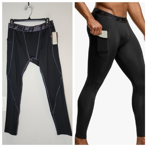 NWT TSLA Tesla Black Baselayer Tights Leggings. Men's size XL. Side pockets. - Picture 1 of 14